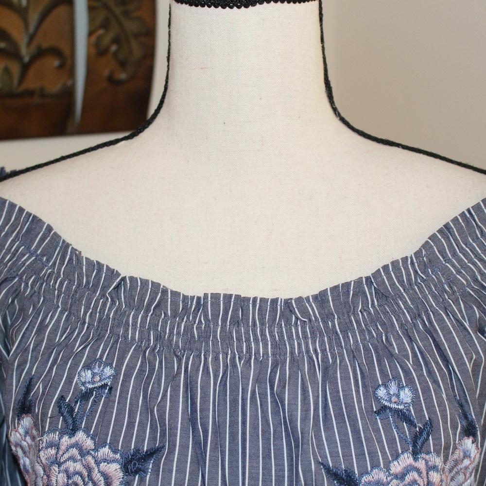 AEO flower embroidered stripe off the shoulder top...... - Picture 2 of 9